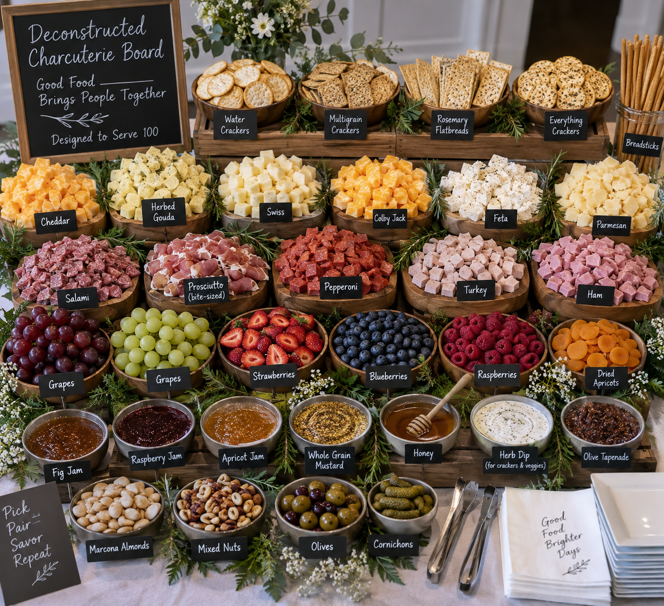Deconstructed charcuterie spread with premium meats and cheeses